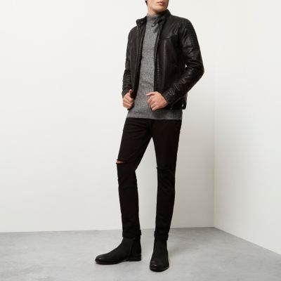 Black faux suede leather racer jacket